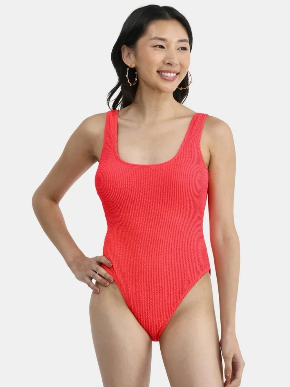 No Boundaries Coral Red Scoop Neck One-Piece Swimsuit